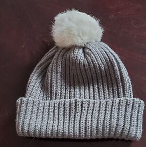 Portolamo Women's Gray Knit Beanie with White Pom Pom